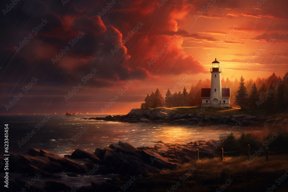 Fototapeta premium Autumn lighthouse in the sunset and rain Generative AI