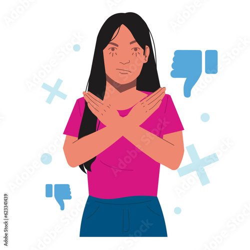 woman giving rejection hand sign in flat illustration