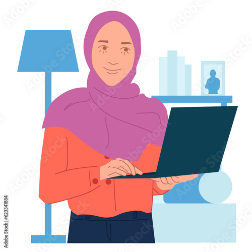 hijab woman working standing at home laptop office in flat illustration
