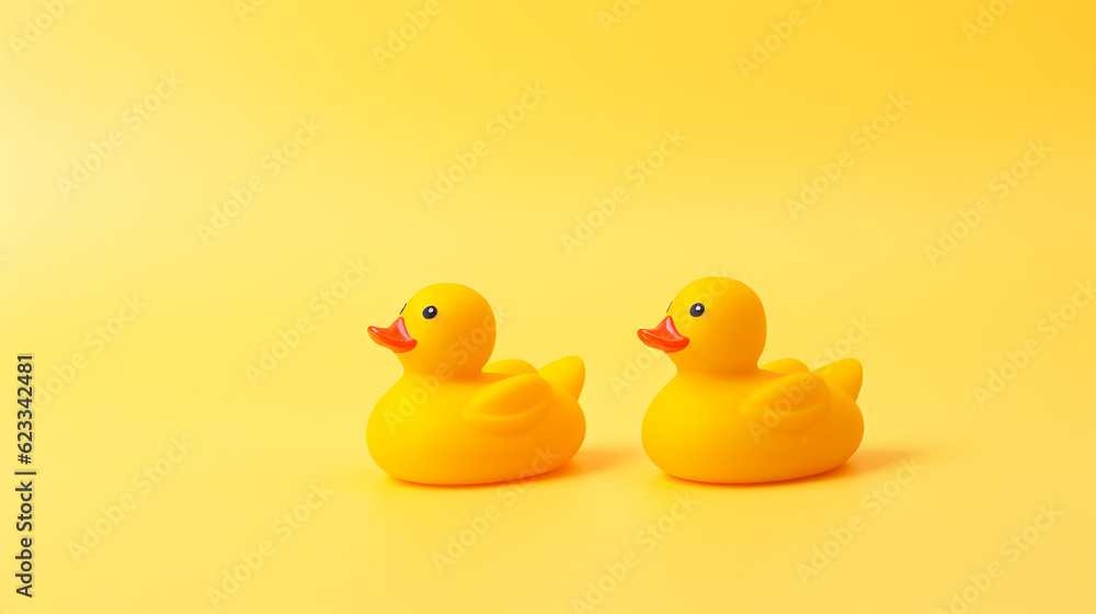 Two rubber ducks on yellow background, side view. Modified generative AI image. Two rubber ducks on yellow background, side view. Modified generative AI image.