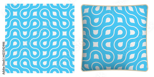 Square decorative pillow, bedroom accessory decorated abstract geometric blue seamless pattern with lines and fractal ornament. Vector ornament for design of posters and printing on textile