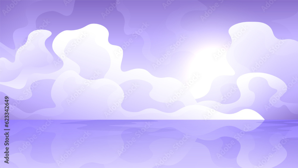 Lilac color sky in cumulus clouds over reflection on the water surface horizontal landscape. Lilac color sky in cumulus clouds over reflection on the water surface horizontal landscape.
