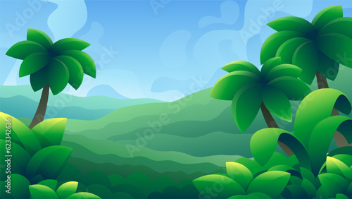 Tropical green dense jungle. Palm trees on forest hills background.