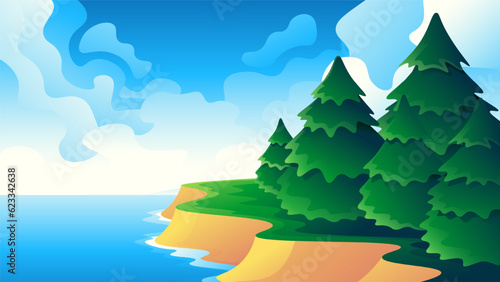 Forest with fir trees on a cliff near the shore and water.