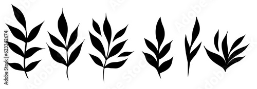 Vector set of black silhouettes of branches with foliage. Herbal collection
