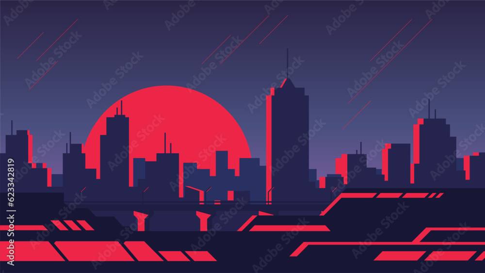 Modern midtown silhouette on sunset background horizontal illustration in flat style.