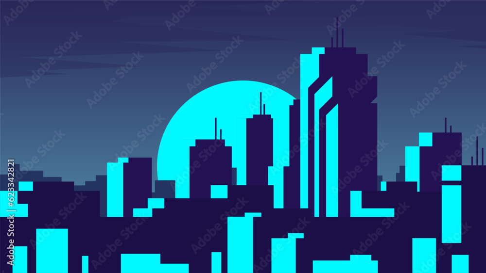 Moonlight illuminates the contours of a modern city. Night landscape of abstract skyscrapers.