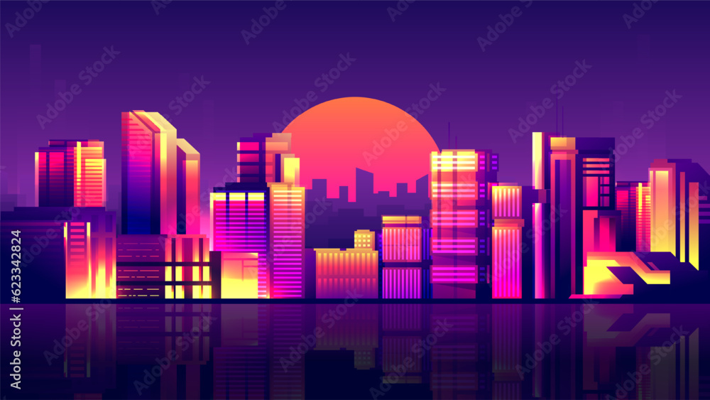Bright orange sunset over the city. Retro wave horizontal illustration metropolis with sunset reflections on buildings.
