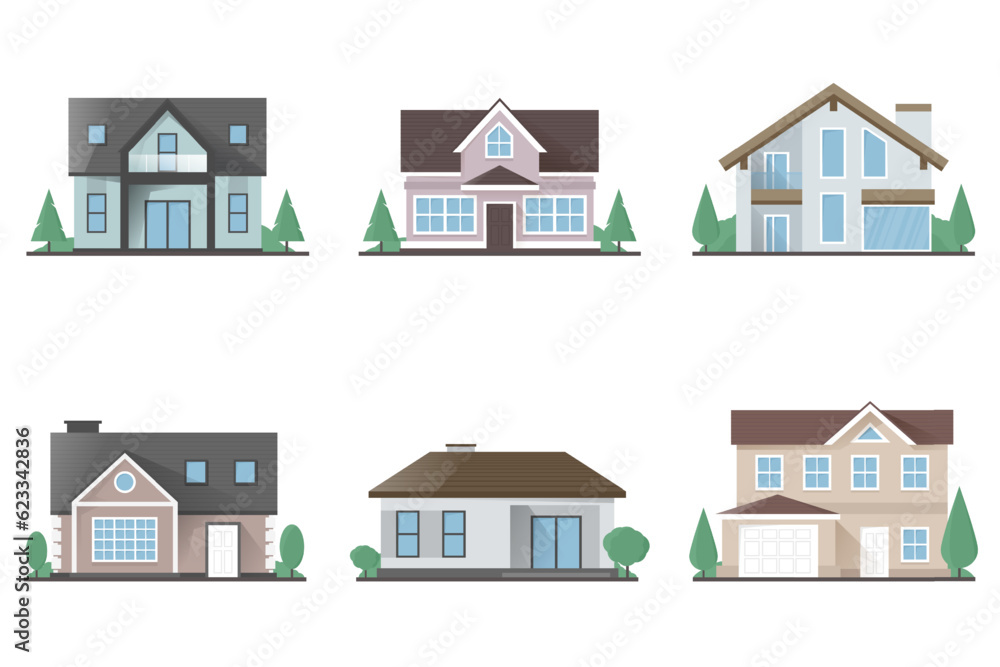 Set of vector isolated flat private houses on a white background
