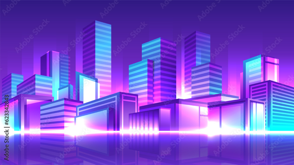 Horizontal cityscape at night in synthwave style. Futuristic midtown with shining skyscrapers.