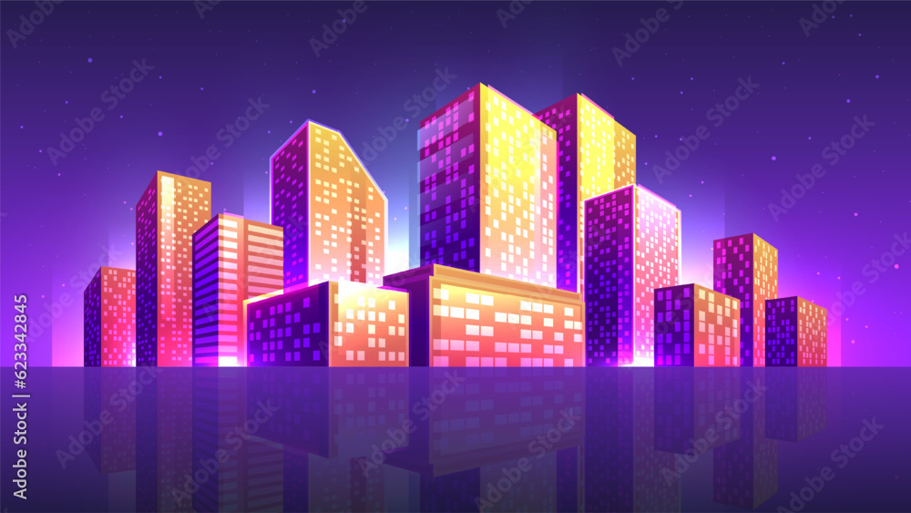Fototapeta premium Shining isolated metropolis at night horizontal cityscape.