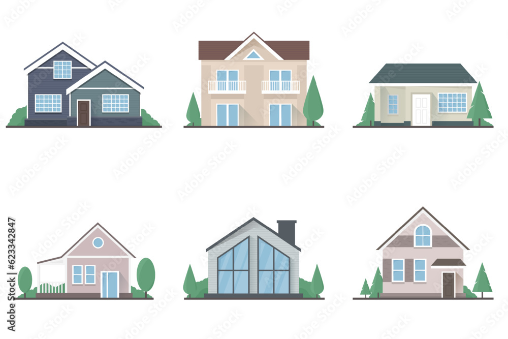 Set of vector one-storey and two-storey isolated flat private houses on a white background with trees