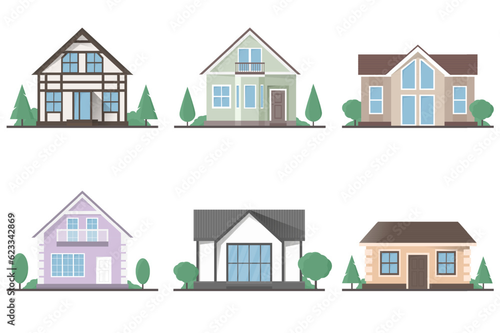 Set of vector isolated flat private houses on a white background with trees Set of vector isolated flat private houses on a white background with trees