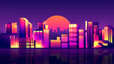 Bright orange sunset over the city. Retro wave horizontal illustration metropolis with sunset reflections on buildings.