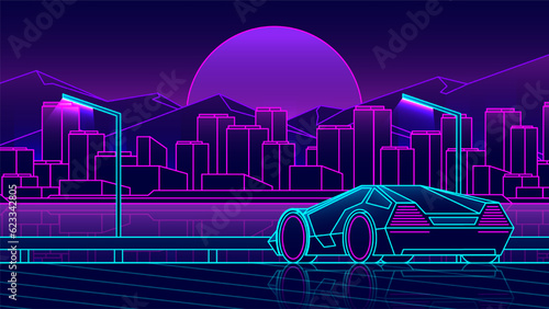 Outline supercar rear view is driving towards the night metropolis.