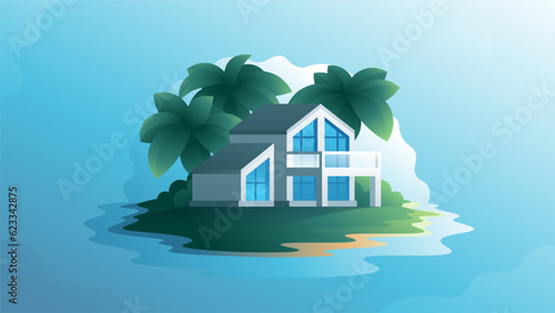 Residential resort summer flat house near water shore isolated colorful illustration.