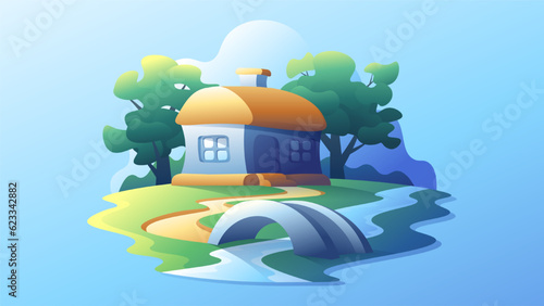 Traditional Ukrainian house stands near the river in summer isolated illustration. © Dmytro