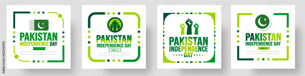 14 August Pakistan Independence Day social media post banner or sticker design template set.  background, banner, placard, card, and poster design template. Youm e Azadi - obrazy, fototapety, plakaty 