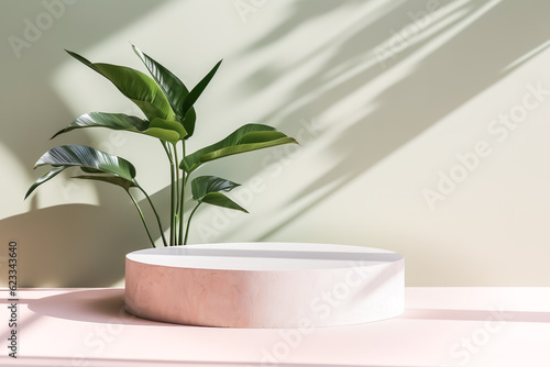 podiums rock stone or product platform with tropical leaves.natural background.generative ai images © Limitless Visions