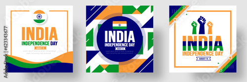 15 August India Independence day social media post banner or sticker design template set. Holiday concept. background, banner, placard, card, and poster design template with text inscription