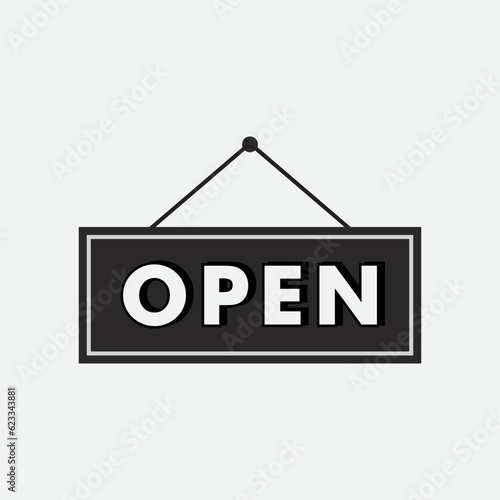 Vector open door sign. Label with text in flat style. Vector illustration
