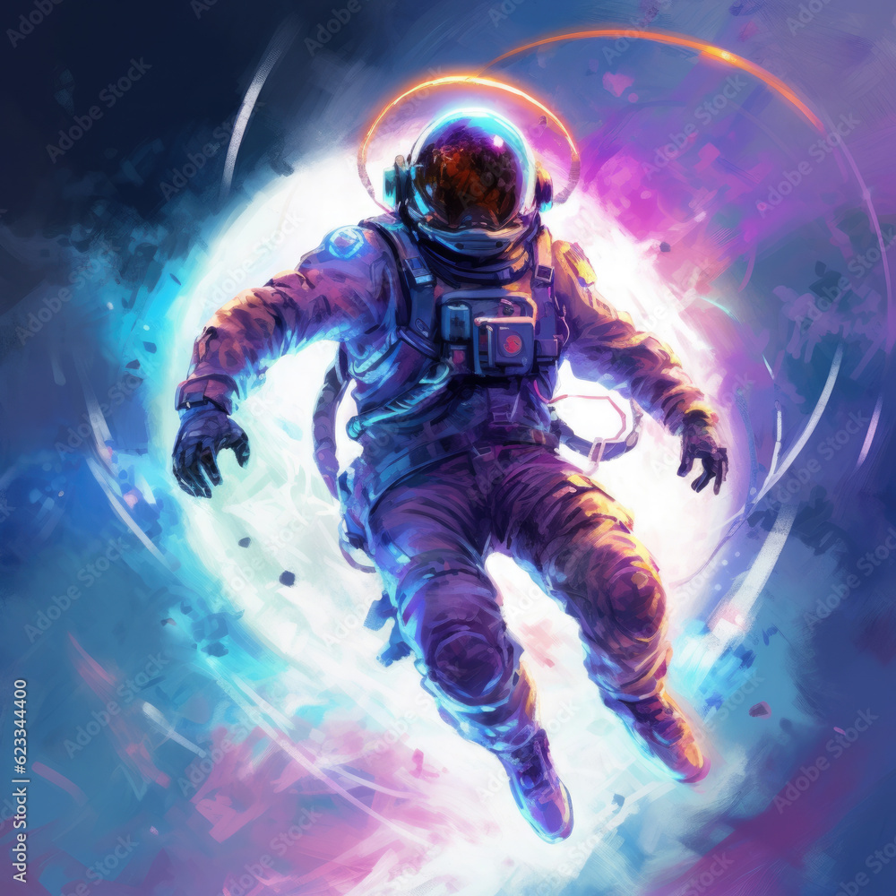 Fototapeta premium Soaring astronaut on a colored background. Digital art. Generative AI.