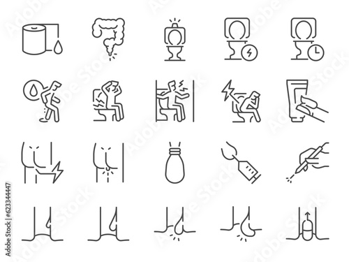 Hemorrhoid icon set. It included haemorrhoid, piles, pain, ass, illness, and more icons. Editable Vector Stroke.