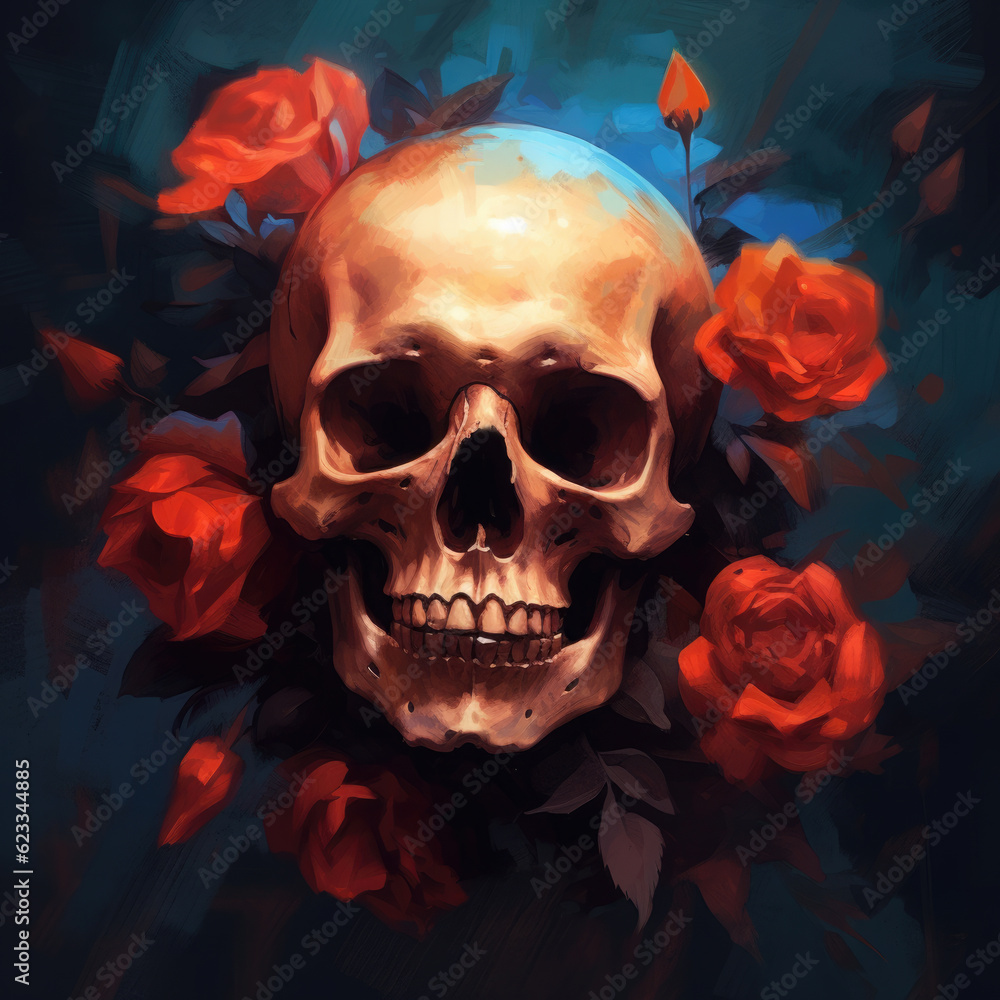 Skull and roses. Digital art. Generative AI. Skull and roses. Digital art. Generative AI.