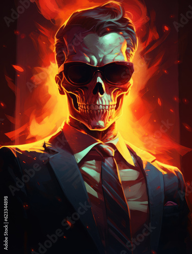 Skull in a business suit and sun glasses. Digital art. Generative AI.