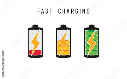 Battery charging sign vector illustration. Fast battery charging concept with electric lightning symbol. Vertical view.