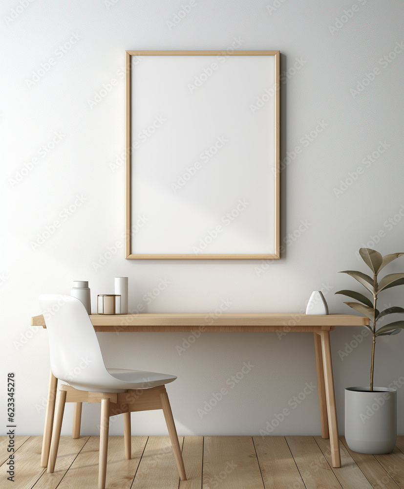 A pristine white chair and table with a stylishly minimalist painting mockup frame on the wall. Minimal home interior design idea. Scandinavian minimal decor design look. A pristine white chair and table with a stylishly minimalist painting mockup frame on the wall. Minimal home interior design idea. Scandinavian minimal decor design look.