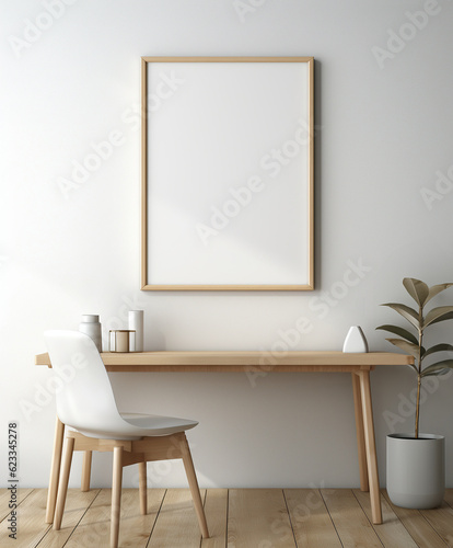 A pristine white chair and table with a stylishly minimalist painting mockup frame on the wall. Minimal home interior design idea. Scandinavian minimal decor design look. © Glittering Humanity