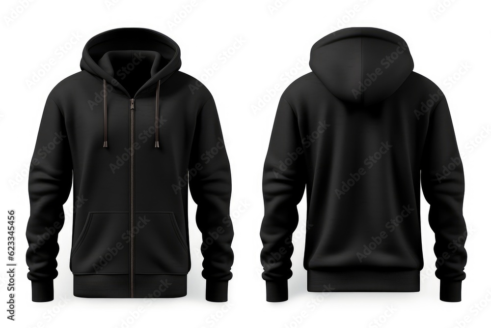 A black hoodie mockup with a zipper, styled with a hoodie. White background A black hoodie mockup with a zipper, styled with a hoodie. White background