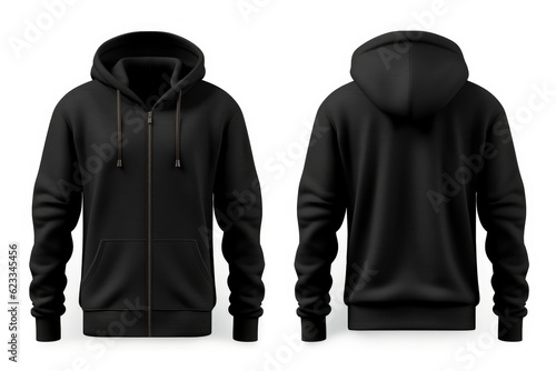 A black hoodie mockup with a zipper, styled with a hoodie. White background