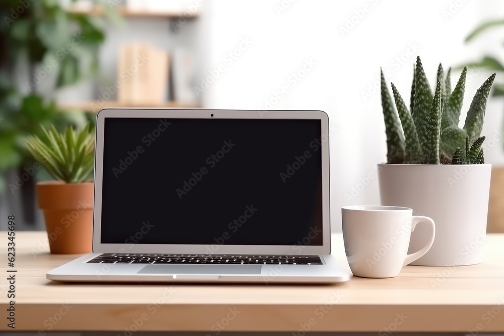A laptop on a desk with a background of a minimalist room in the morning A laptop on a desk with a background of a minimalist room in the morning