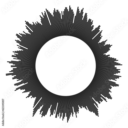 Radial concentric black particles isolated on white background. Infographic template. Monochrome equalizer. Sound wave. Sun ray or star burst elements. Vector design element. 
