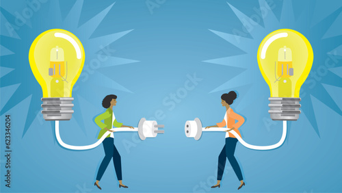 Banner, connecting ideas, research and development. Two women connecting their lightbulbs with shiny ideas. Teamwork, cooperation, supervision. Vector illustration. Dimension 16:9. 