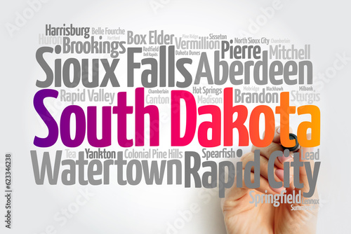 List of cities in South Dakota USA state, map silhouette word cloud map concept background photo