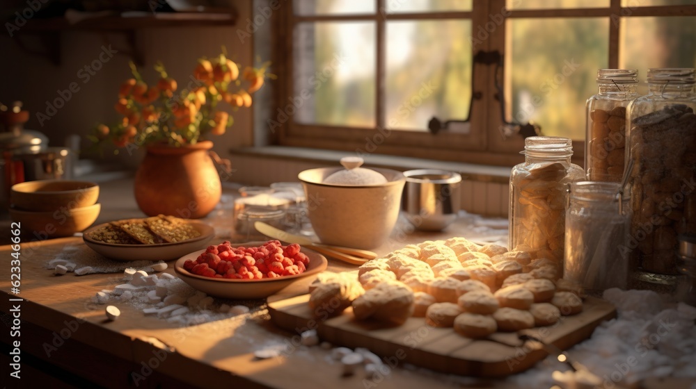 Impressive view of Cozy kitchen with baking project. Childhood memories. The aroma of baking. Warm home atmosphere. Generative AI. Impressive view of Cozy kitchen with baking project. Childhood memories. The aroma of baking. Warm home atmosphere. Generative AI.