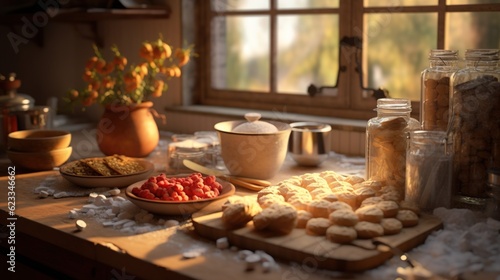 Impressive view of Cozy kitchen with baking project. Childhood memories. The aroma of baking. Warm home atmosphere. Generative AI.