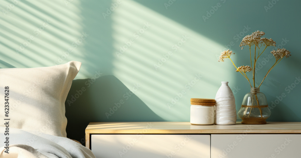 © Bartek - Effortless Elegance: A Striped Turquoise Blue Bedroom Set against a Pastel Green Wall - Ideal for Luxury Cosmetic and Skincare Brands - 3D Background