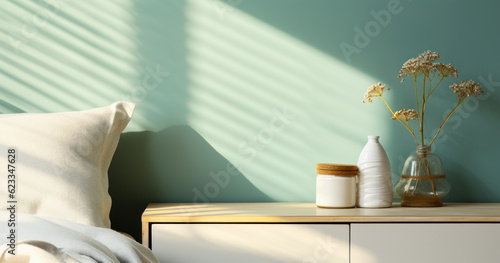 Effortless Elegance: A Striped Turquoise Blue Bedroom Set against a Pastel Green Wall - Ideal for Luxury Cosmetic and Skincare Brands - 3D Background
