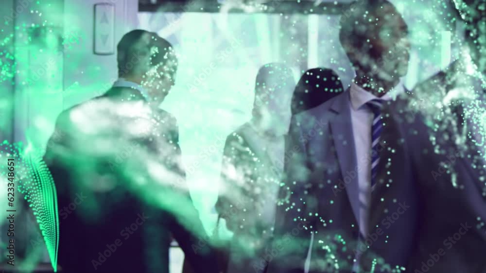 Animation of dots forming dynamic wave pattern over diverse coworkers talking and walking in office Animation of dots forming dynamic wave pattern over diverse coworkers talking and walking in office