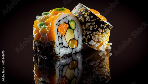 Beautiful horizontal composition of salmon sushi maki rolls isolated on black background. Generative AI illustration photo