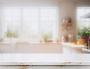 Marble counter table top on blurred kitchen background. can be used mock up for montage products display or design layout. generative ai.