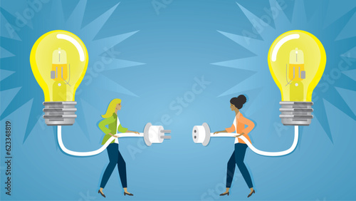 Banner, connecting ideas, research and development. Two women connecting their lightbulbs with shiny ideas. Teamwork, cooperation, supervision. Vector illustration. Dimension 16:9. 