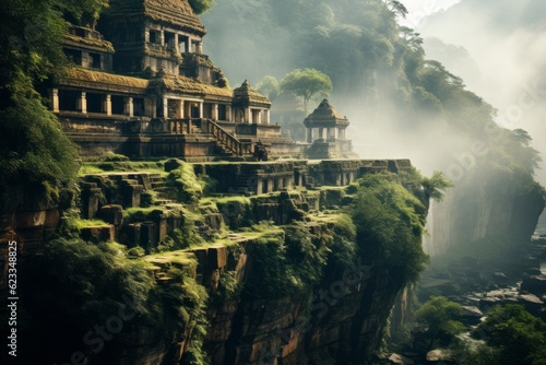 Landscape Photography of Ancient Temple Nestled on a Mountain  Generative AI
