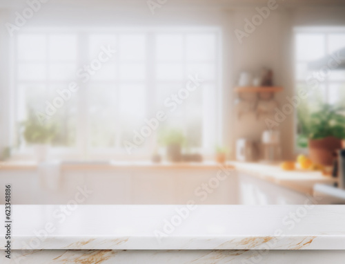 Marble counter table top on blurred kitchen background. can be used mock up for montage products display or design layout. generative ai.