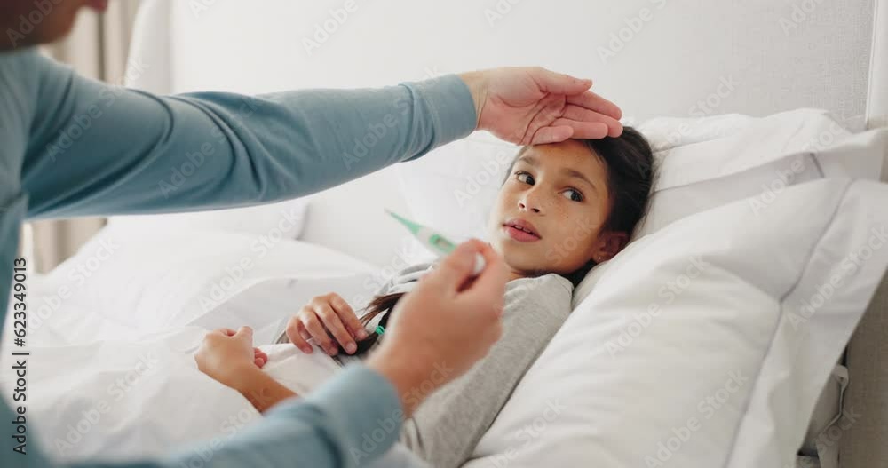 Bed, temperature check or kid sick from bacteria virus, cold or disease with worried parent helping, aid or support. Bedroom care, thermometer reading or person hand with child ill from fever problem Bed, temperature check or kid sick from bacteria virus, cold or disease with worried parent helping, aid or support. Bedroom care, thermometer reading or person hand with child ill from fever problem
