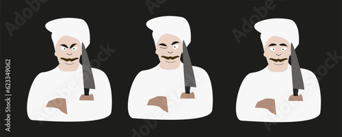 Vector chef in white uniform with a knife in his hand. Winking chef with mustache in a white hat. Chef in cook clothes on black background. Culinary and cooking theme. Chiefs day.